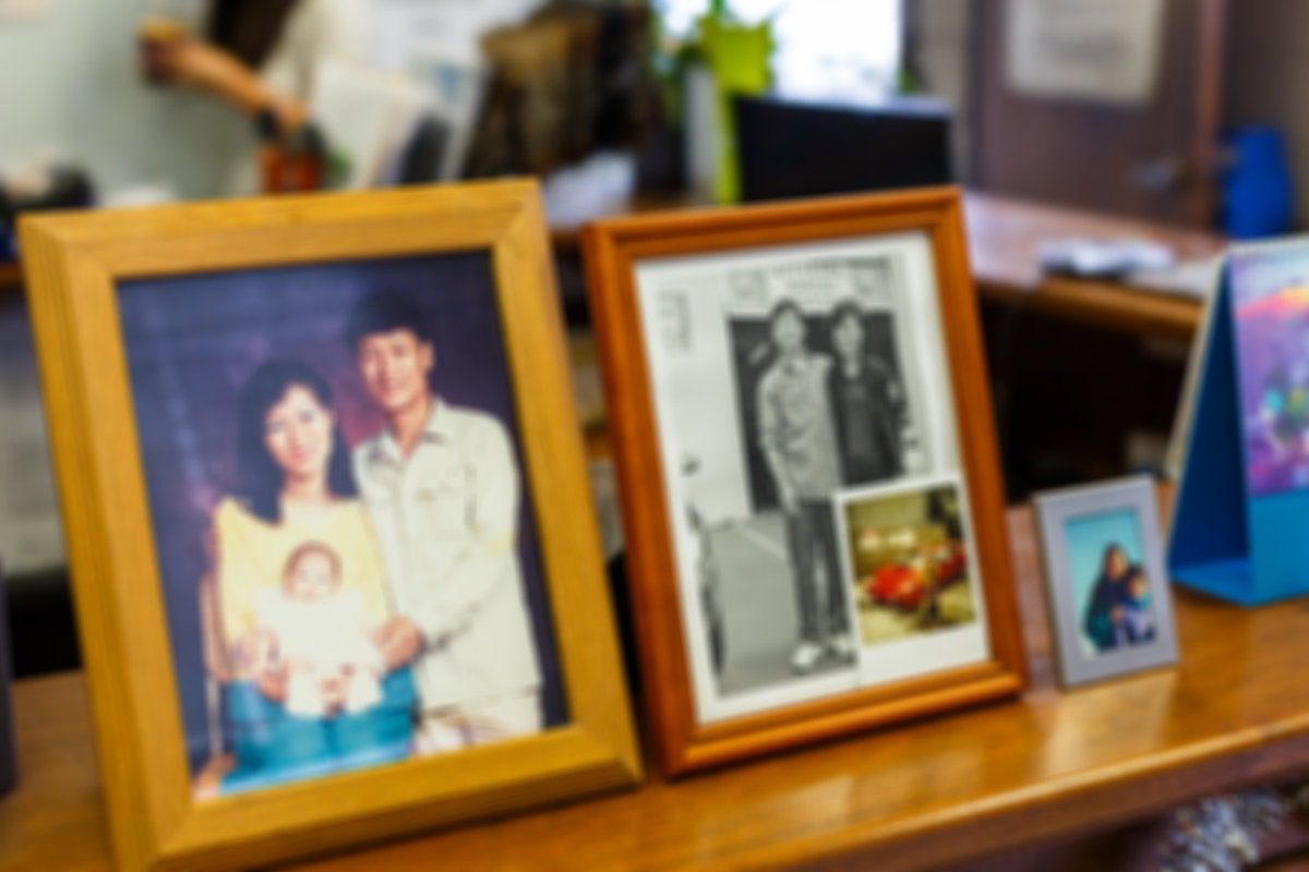 Cherished Kwon family photographs displayed at the shop