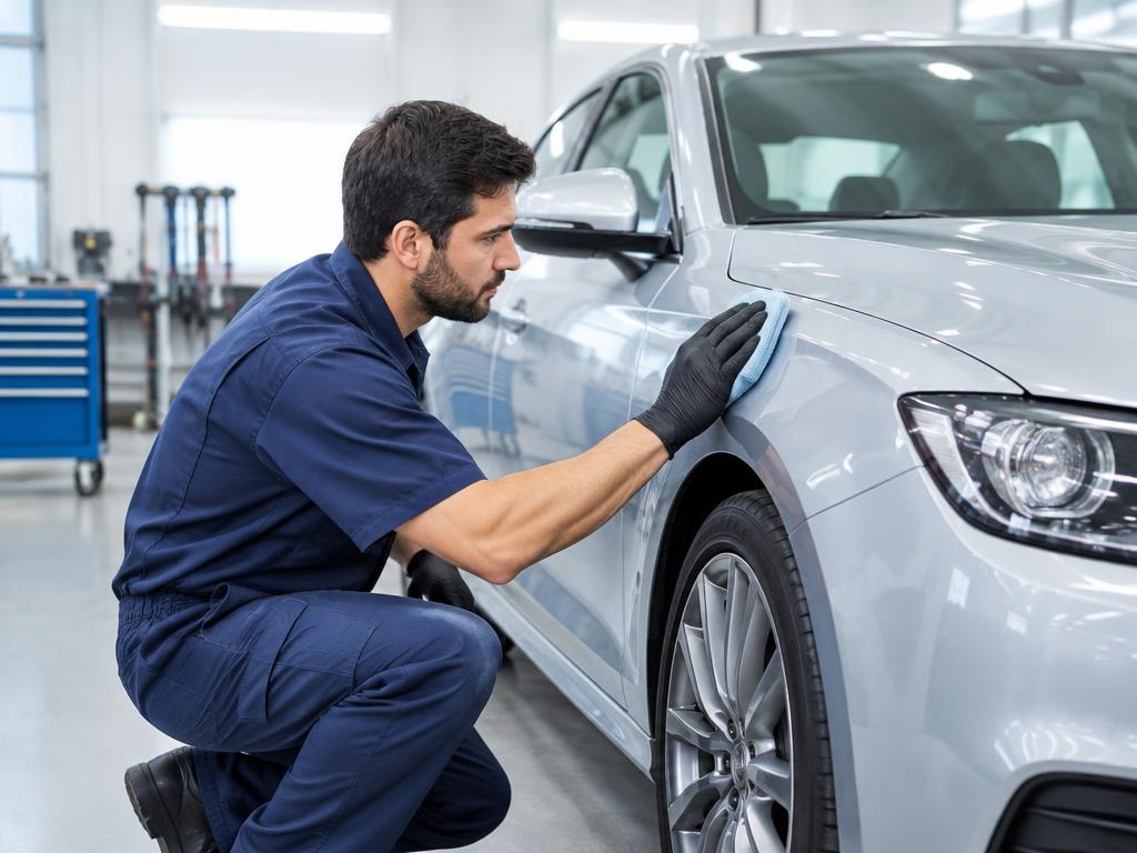 A technician inspecting a silver car's bodywork