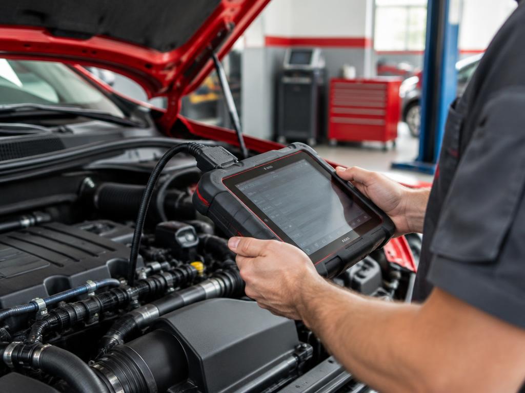 Modern automotive diagnostic equipment connected to an engine